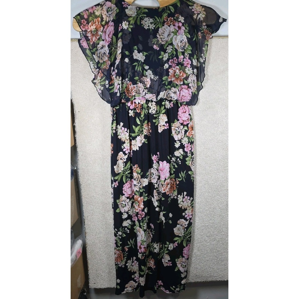 Elie McCarthy Maxi Dress Womens L Blue Floral Flutter Sleeve Round Neck Lined - Picture 3 of 8